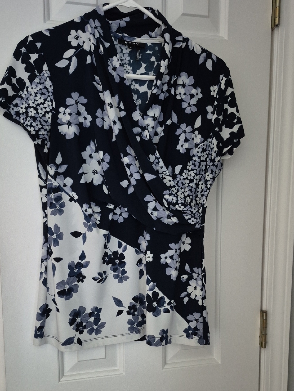 DKNY Navy and White Floral Faux-Wrap Blouse
